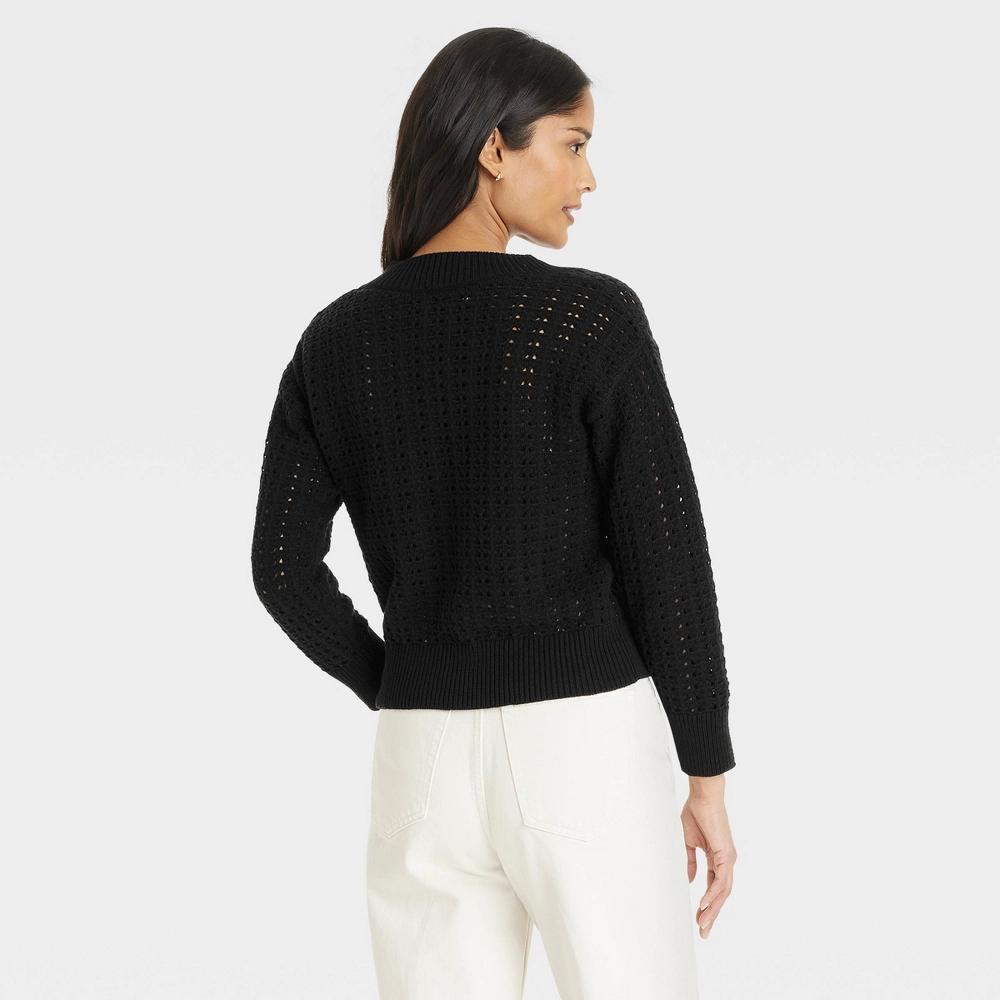 Womens Openwork V-Neck Pullover Sweater - Universal Thread Black L Product Image