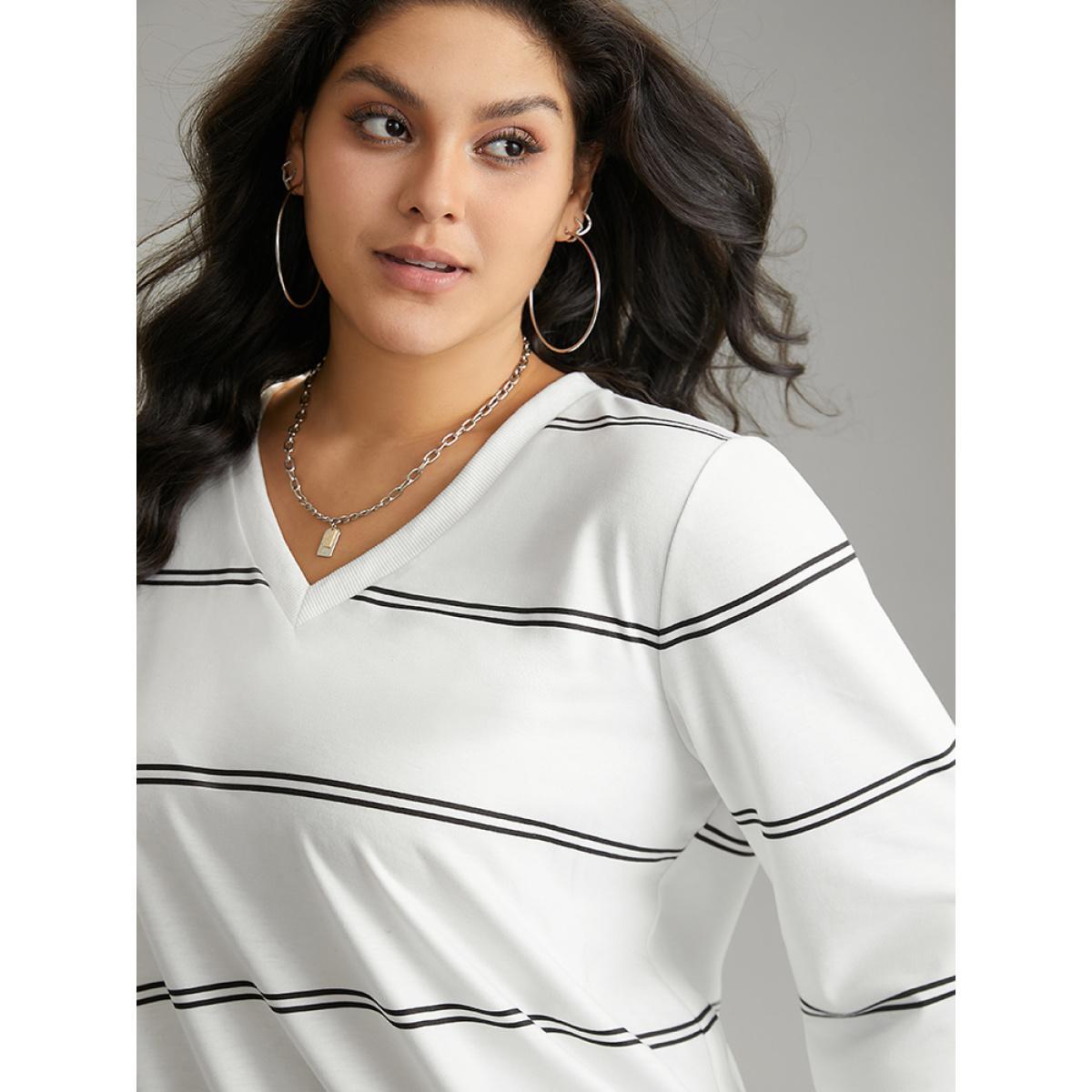 Plus Size Rib Knit Striped V Neck Sweatshirt Women White Casual Rib Knit V-neck Dailywear Sweatshirts BloomChic 22-24/3X Product Image