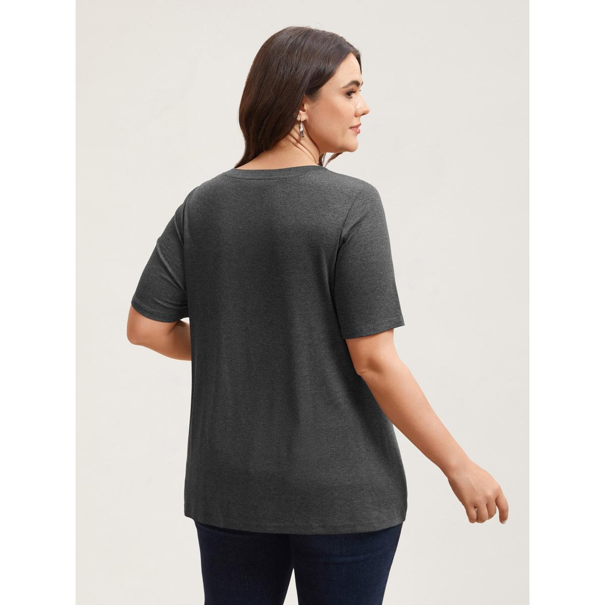 Plus Size Adjustable Neck Coverage Button Placket T-Shirt DimGray Women Casual Button V-neck Everyday T-shirts BloomChic 28/5X Product Image
