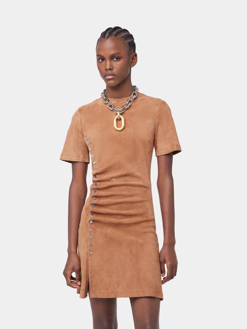 CAMEL SHORT DRAPED DRESS IN LEATHER Product Image