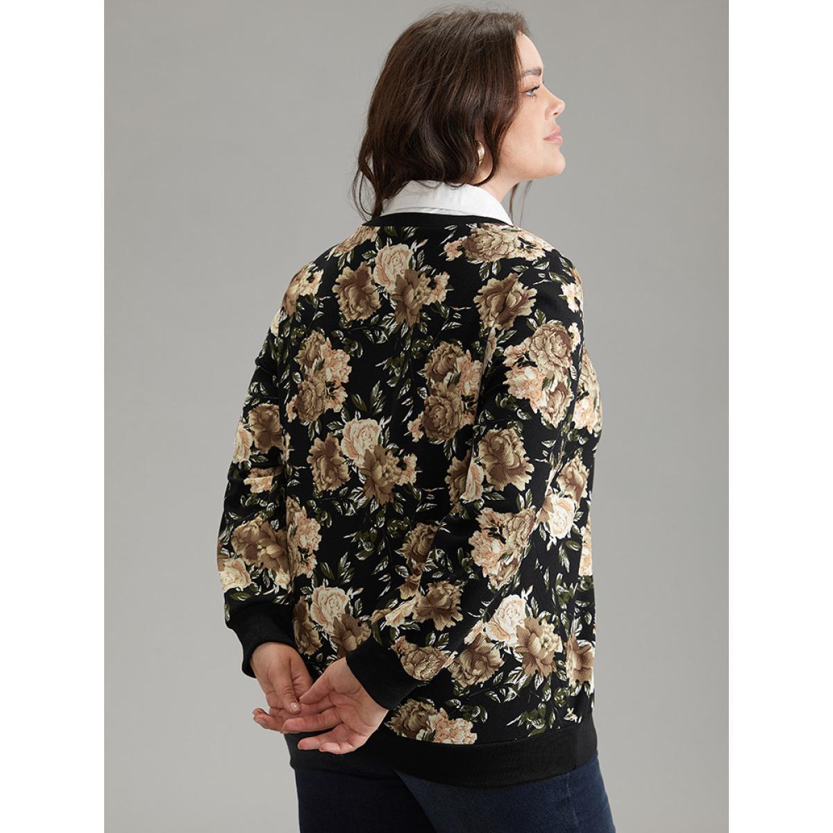 Plus Size 2-In-1 Floral Print Shirt Collar Sweatshirt Women BlackFlower Elegant Printed Shirt collar Dailywear Sweatshirts BloomChic 10/M Product Image