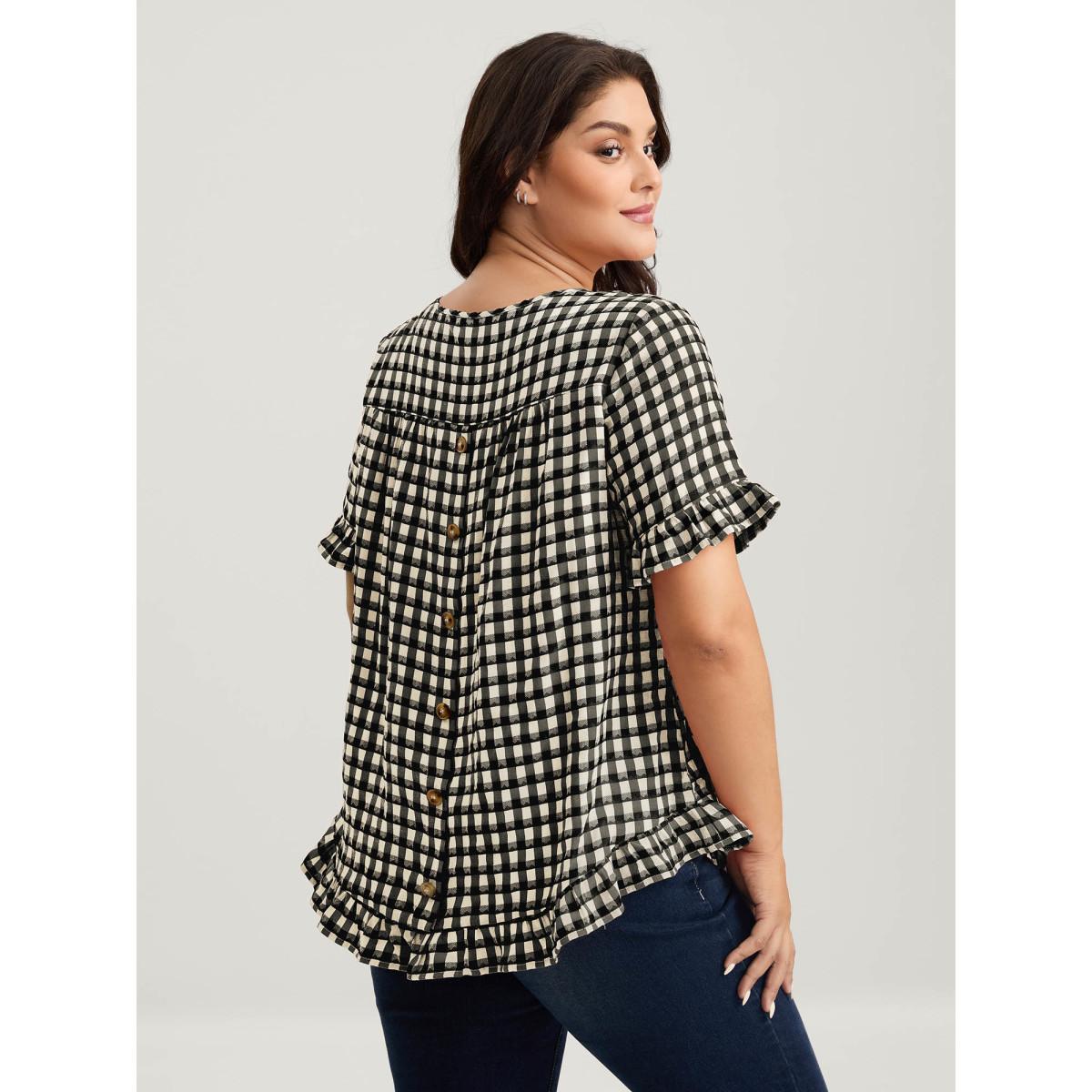Plus Size Black Gingham Print Button Back Blouse Women Short sleeve Round Neck Everyday-Casual Blouses BloomChic 10/M Product Image