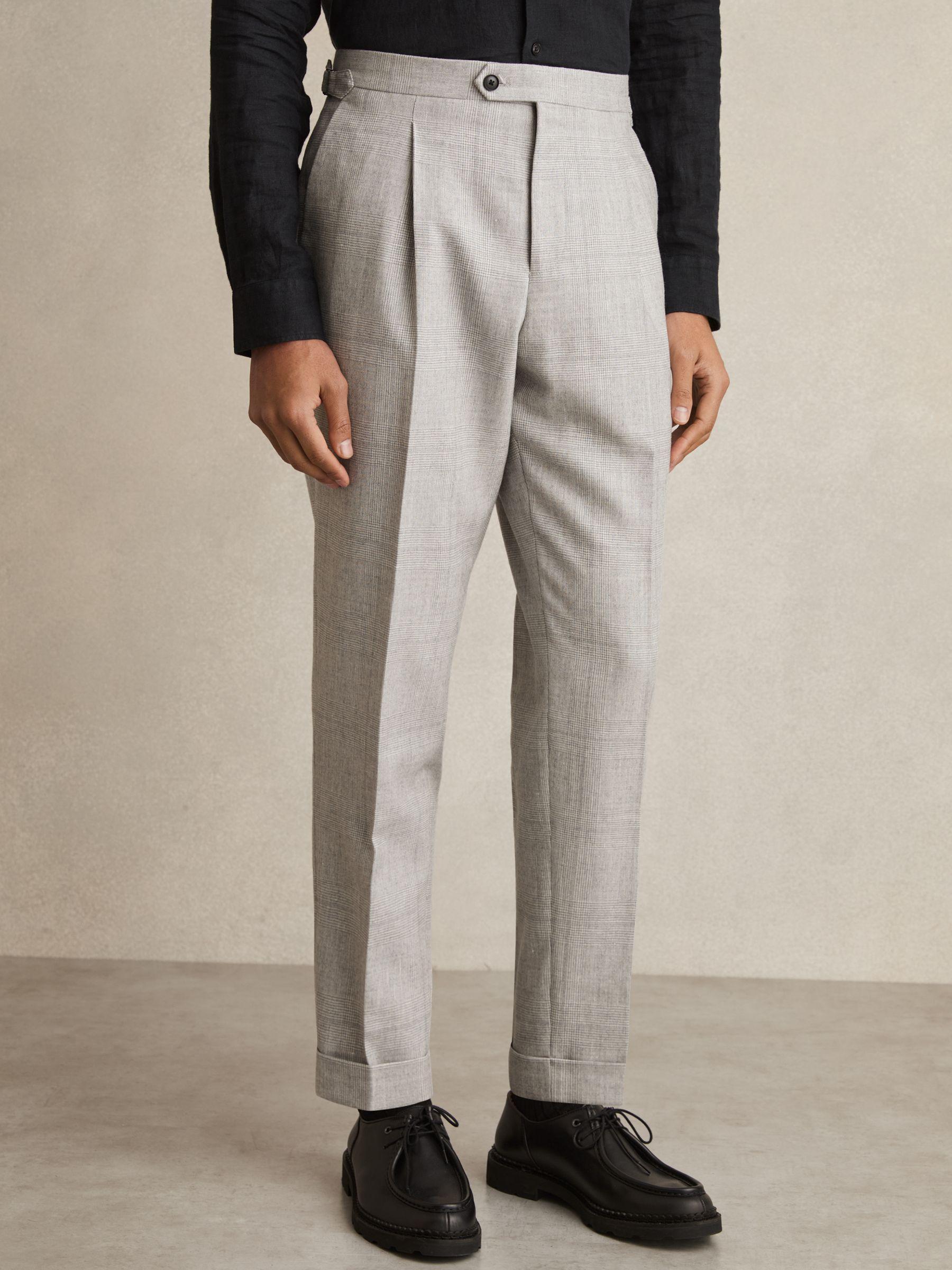 Wool-Linen Check Tapered Trousers in Soft Grey Melange Product Image