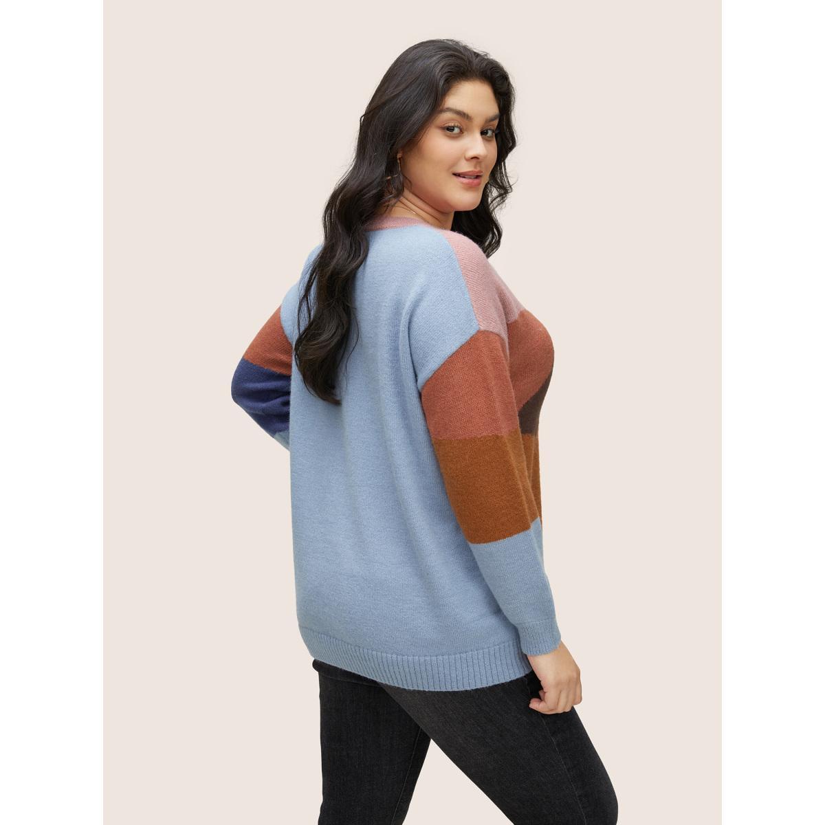 Plus Size Supersoft Essentials Colorblock Patchwork Pullover Multicolor Women Casual Long Sleeve Round Neck Everyday Pullovers BloomChic 12/L Product Image