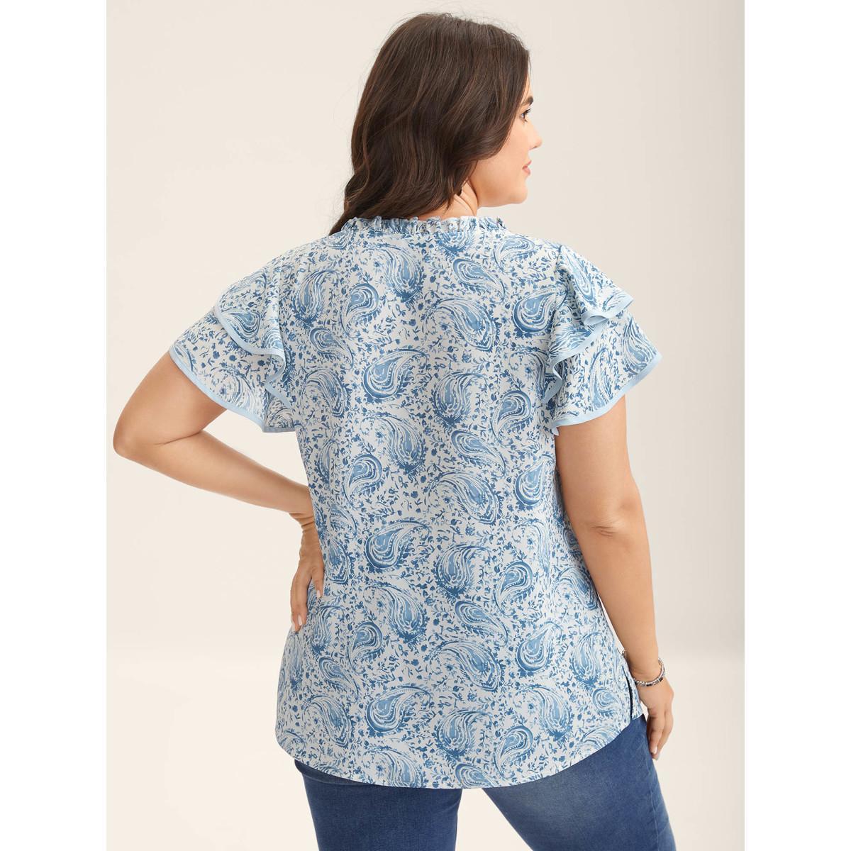 Plus Size LightBlue Paisley Print Ruffled Layered Sleeve Blouse Women Cap Sleeve Round Neck Vacation Blouses BloomChic 18-20/2X Product Image