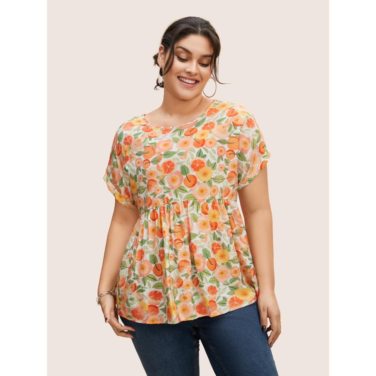 Plus Size Salmon Fruit Print Curved Hem Batwing Sleeve Blouse Women Casual Cap Sleeve Round Neck Everyday Blouses BloomChic 28/5X Product Image