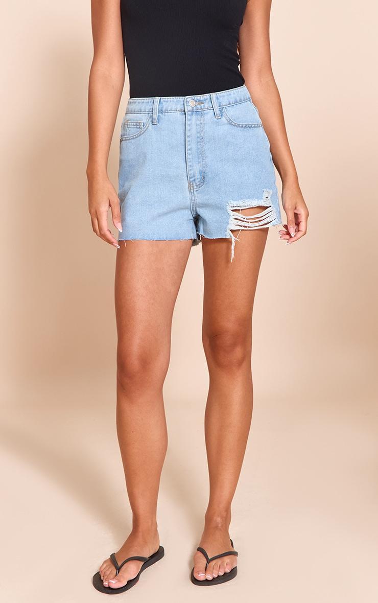 PRETTYLITTLETHING Vintage Wash Ripped Denim Mom Shorts Product Image