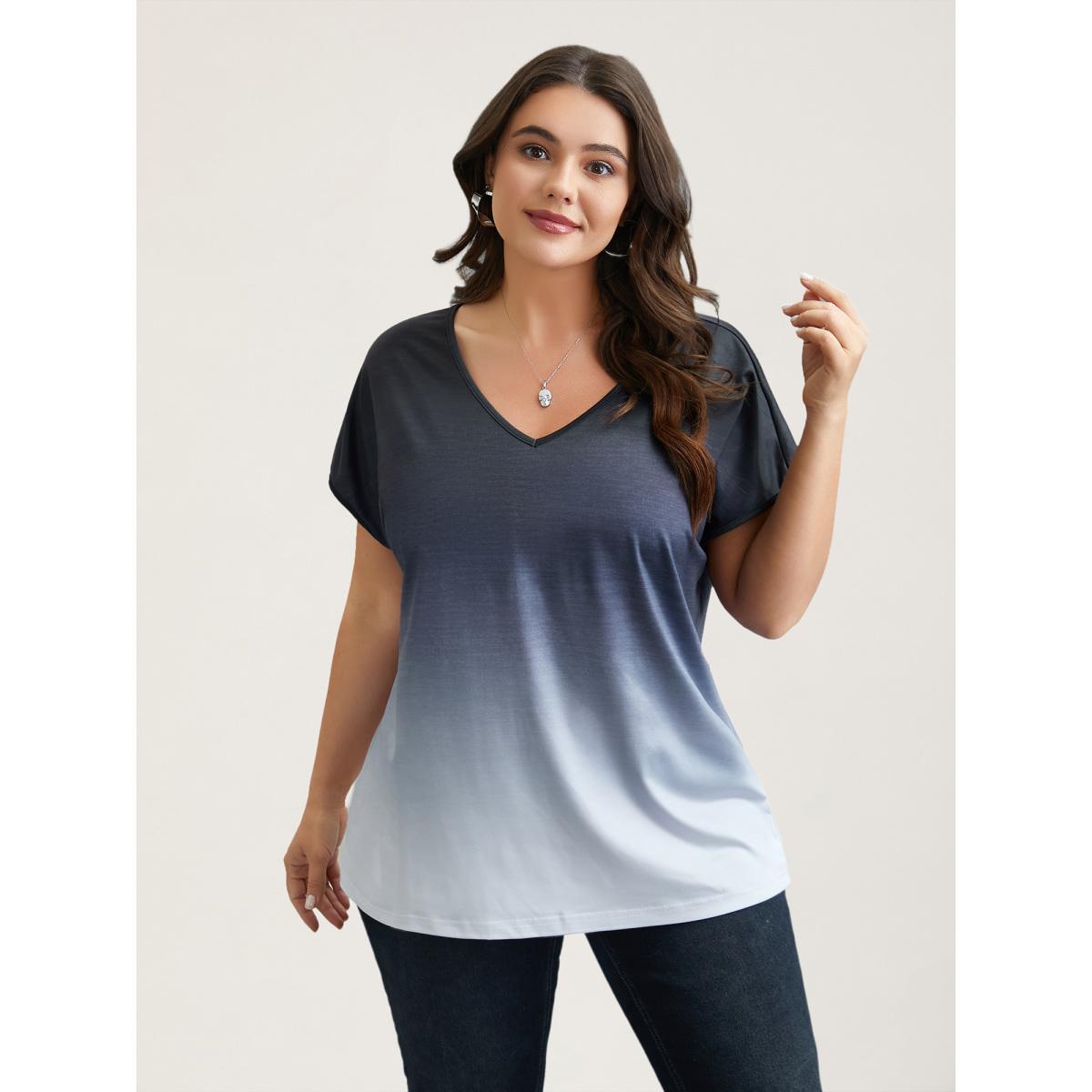 Plus Size Gradient Tie-Dye Stretchy V-Neck T-Shirt Indigo Women Casual Non V-neck Everyday T-shirts BloomChic 30/6X Product Image