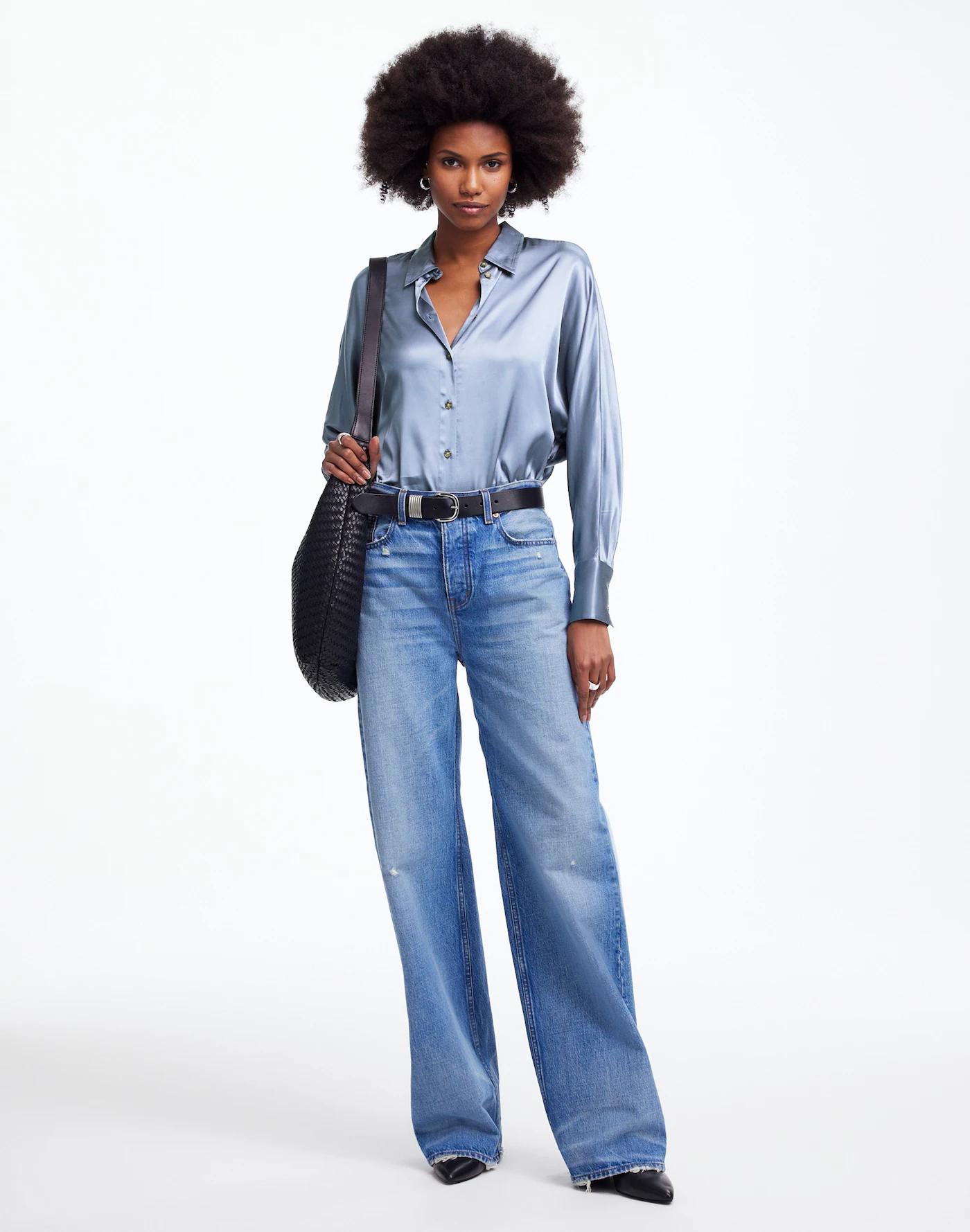 Relaxed Dolman Button-Up Shirt in Satin Product Image