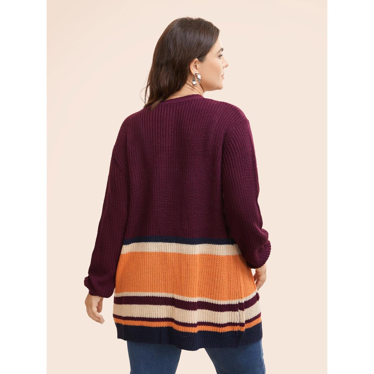 Plus Size Colorblock Contrast Patched Pocket Open Front Cardigan Plum Women Casual Loose Long Sleeve Everyday Cardigans BloomChic 10/M Product Image