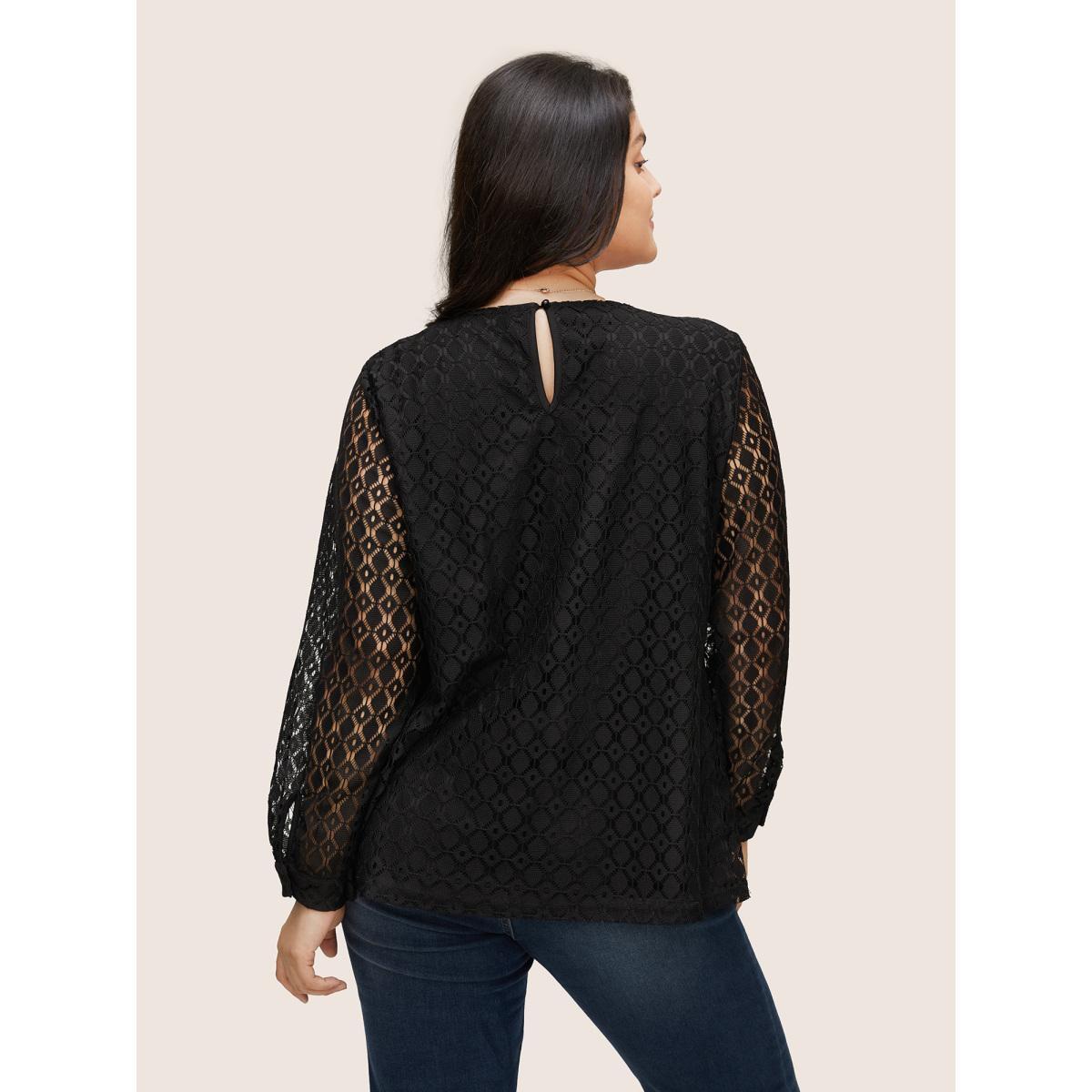 Plus Size Black Geometric Lace Panel Round Neck Blouse Women Elegant Long Sleeve Round Neck Party Blouses BloomChic 26/4X Product Image