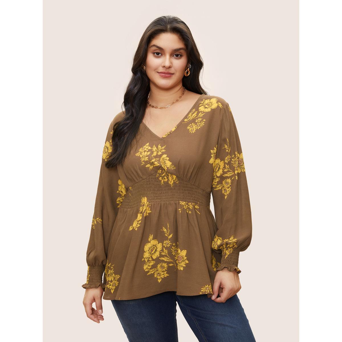 Plus Size Bronze Shirred Floral Elastic Waist Lantern Sleeve Blouse Women Elegant Long Sleeve V-neck Everyday Blouses BloomChic 30/6X Product Image