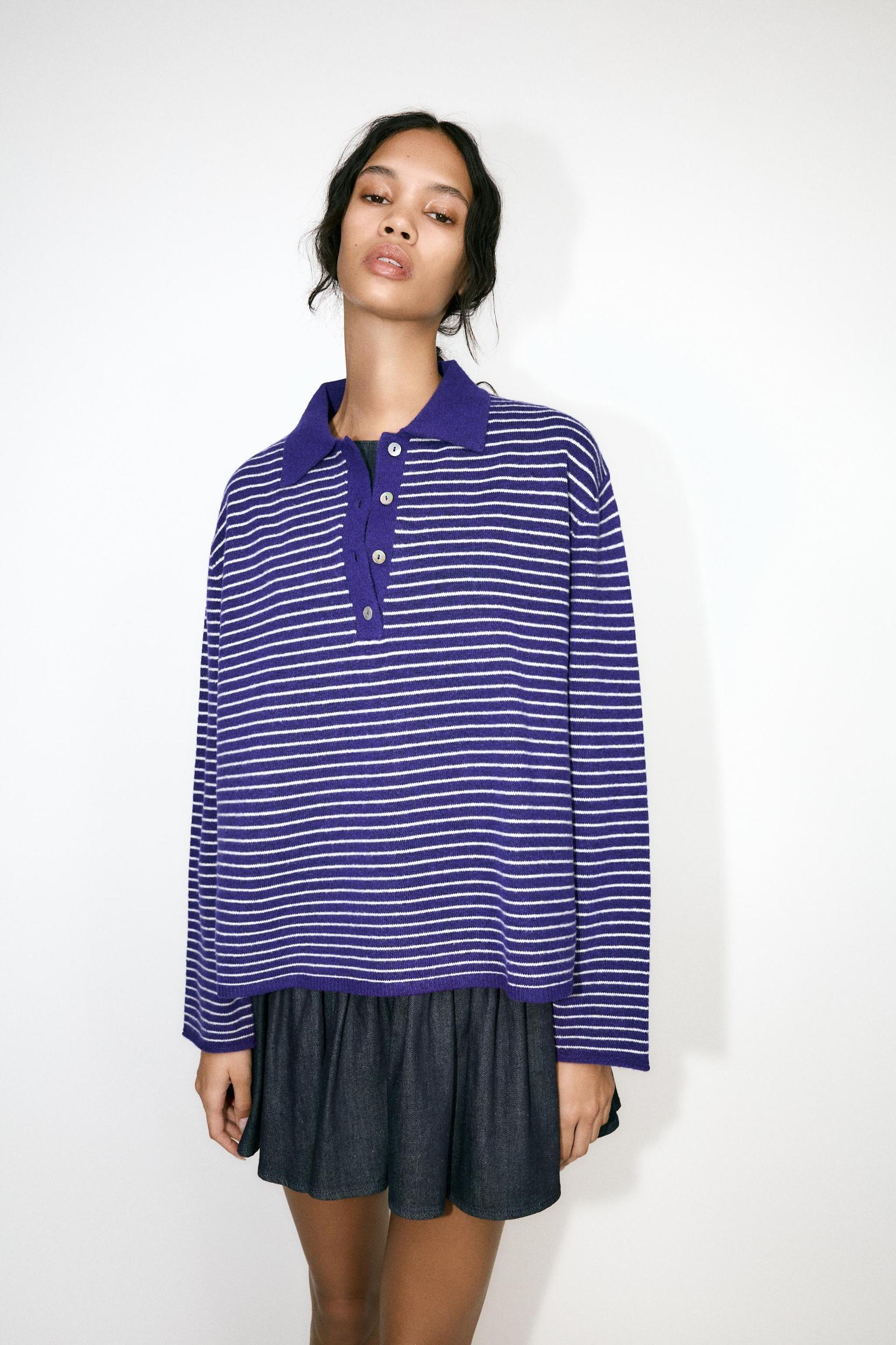 STRIPED KNIT POLO SWEATER Product Image