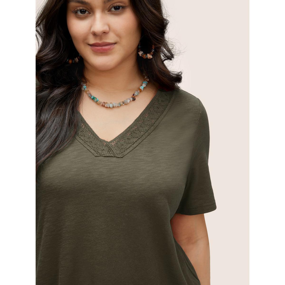Plus Size Plain V Neck Lace Panel T-shirt ArmyGreen Women Elegant Non Plain V-neck Everyday T-shirts BloomChic 18-20/2X Product Image