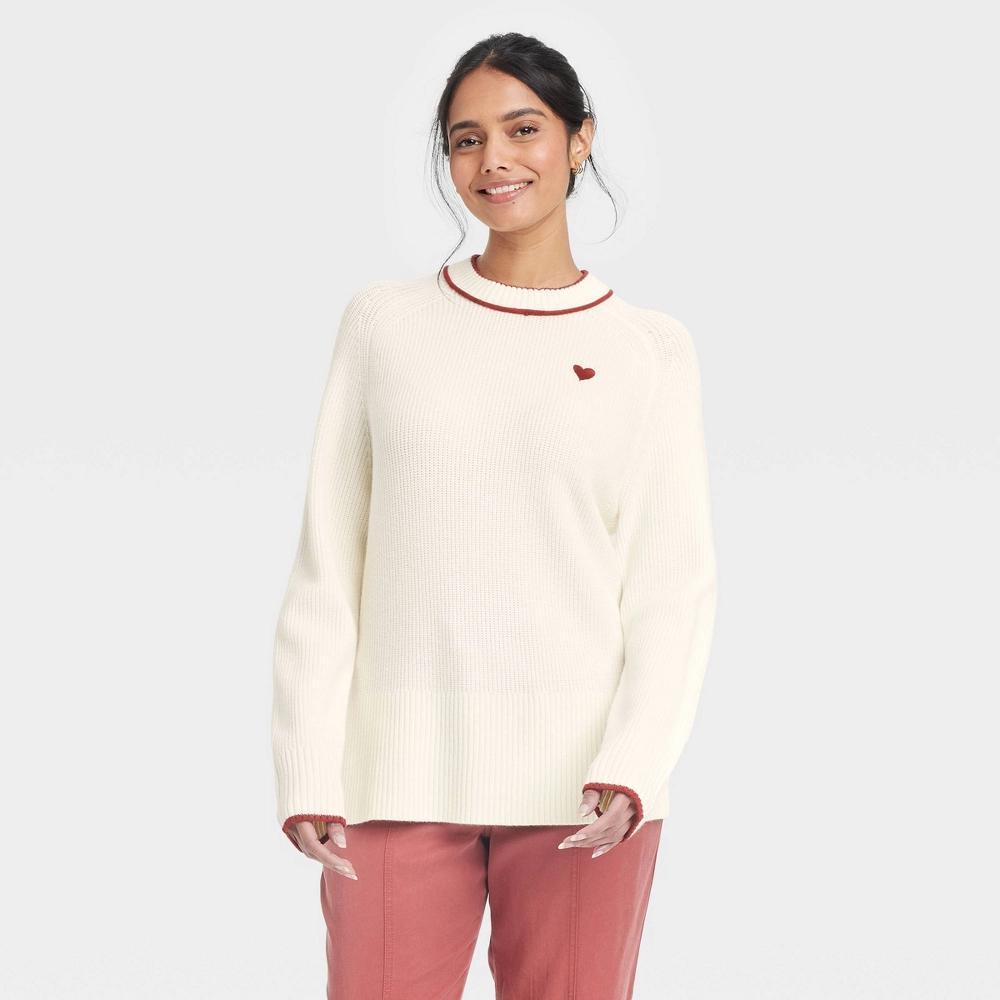 Women's Valentine's Crew Neck Pullover Sweater - A New Day™ Cream Hearts L: Midweight, Long Sleeve, Below Waist Product Image