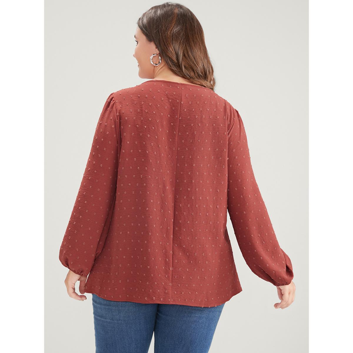 Plus Size Russet Solid Button Lantern Sleeve V Neck Blouse Women Elegant Long Sleeve V-neck Dailywear Blouses BloomChic 18-20/2X Product Image