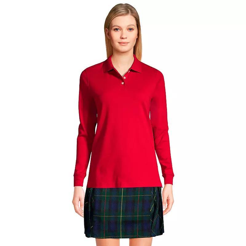Womens Lands End School Uniform Long Sleeve 3-Button Interlock Polo Shirt Red Product Image