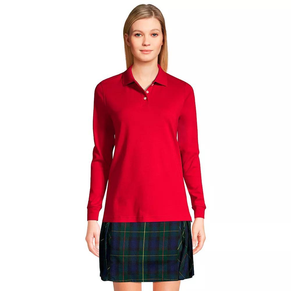 Womens Lands End School Uniform Long Sleeve 3-Button Interlock Polo Shirt Red Product Image