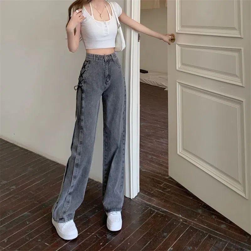 High Waist Lace-Up Wide Leg Jeans Product Image