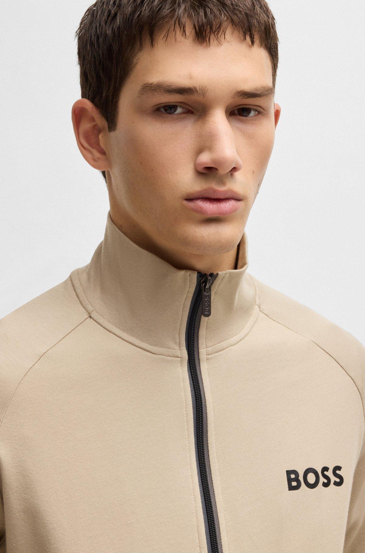 BOSS - Cotton-terry zip-up jacket with logo print - Light Beige Product Image