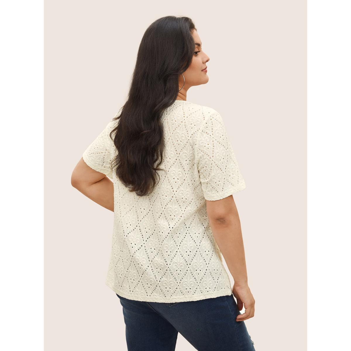 Plus Size Solid Plisse V Neck Button Detail T-shirt White Women Casual Texture Plain V-neck Everyday T-shirts BloomChic 22-24/3X Product Image