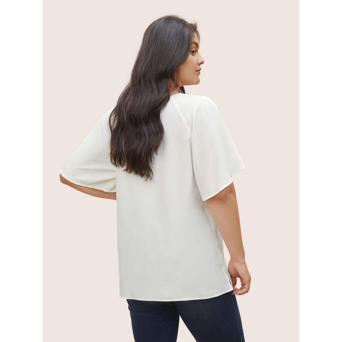 Plus Size Ivory Solid Lace Panel Keyhole Ruffle Sleeve Blouse Women Work From Home Short sleeve Round Neck Work Blouses BloomChic 12/L Product Image