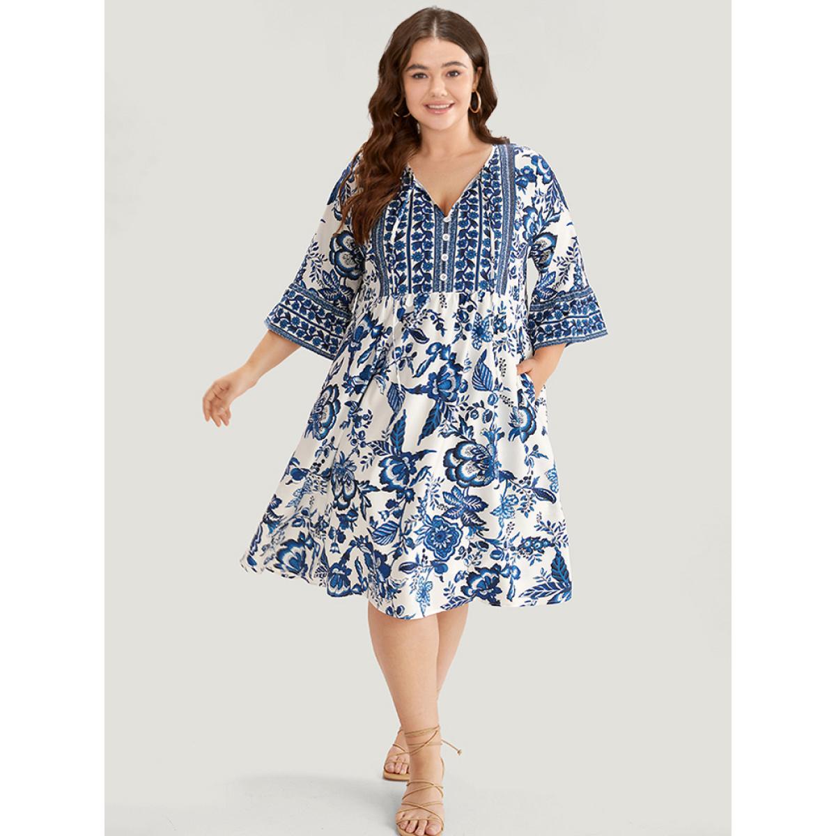 Plus Size Bandana Print Knot Neck Button Detail Dress DarkBlue Women Vacation Cross straps V-neck Elbow-length sleeve Curvy Midi Dress BloomChic 12/L Product Image