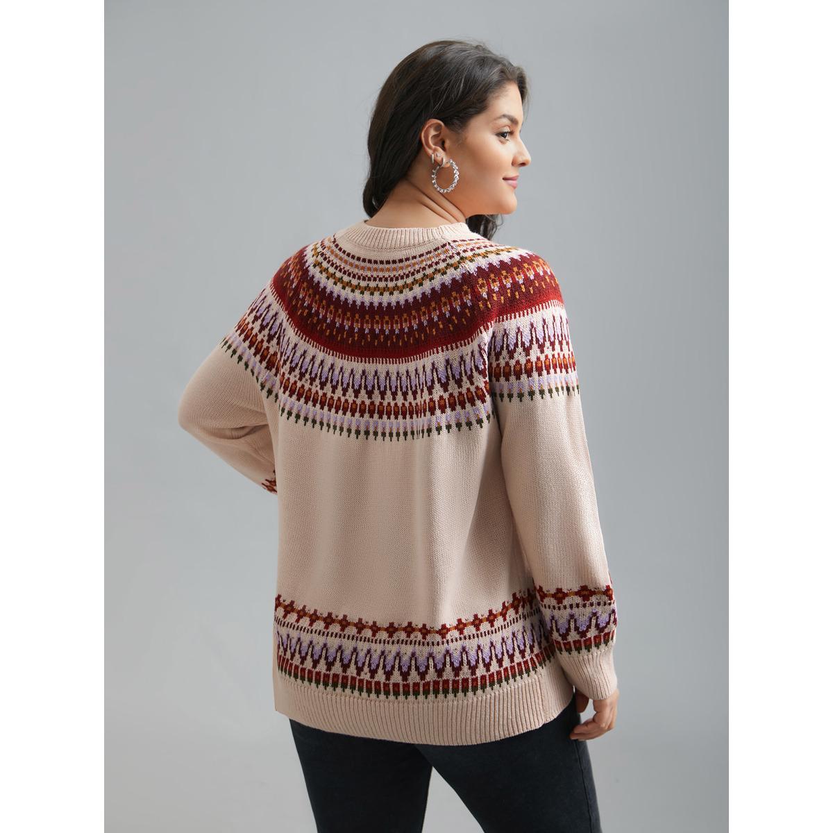 Plus Size Round Neck Bandana Color Contrast Pullover Apricot Women Casual Loose Long Sleeve Round Neck Everyday Pullovers BloomChic 18-20/2X Product Image