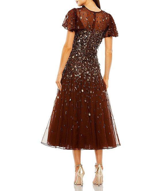 Mac Duggal Beaded Mesh High Neck Short Flutter Sleeve Fringe A-Line Dress Product Image