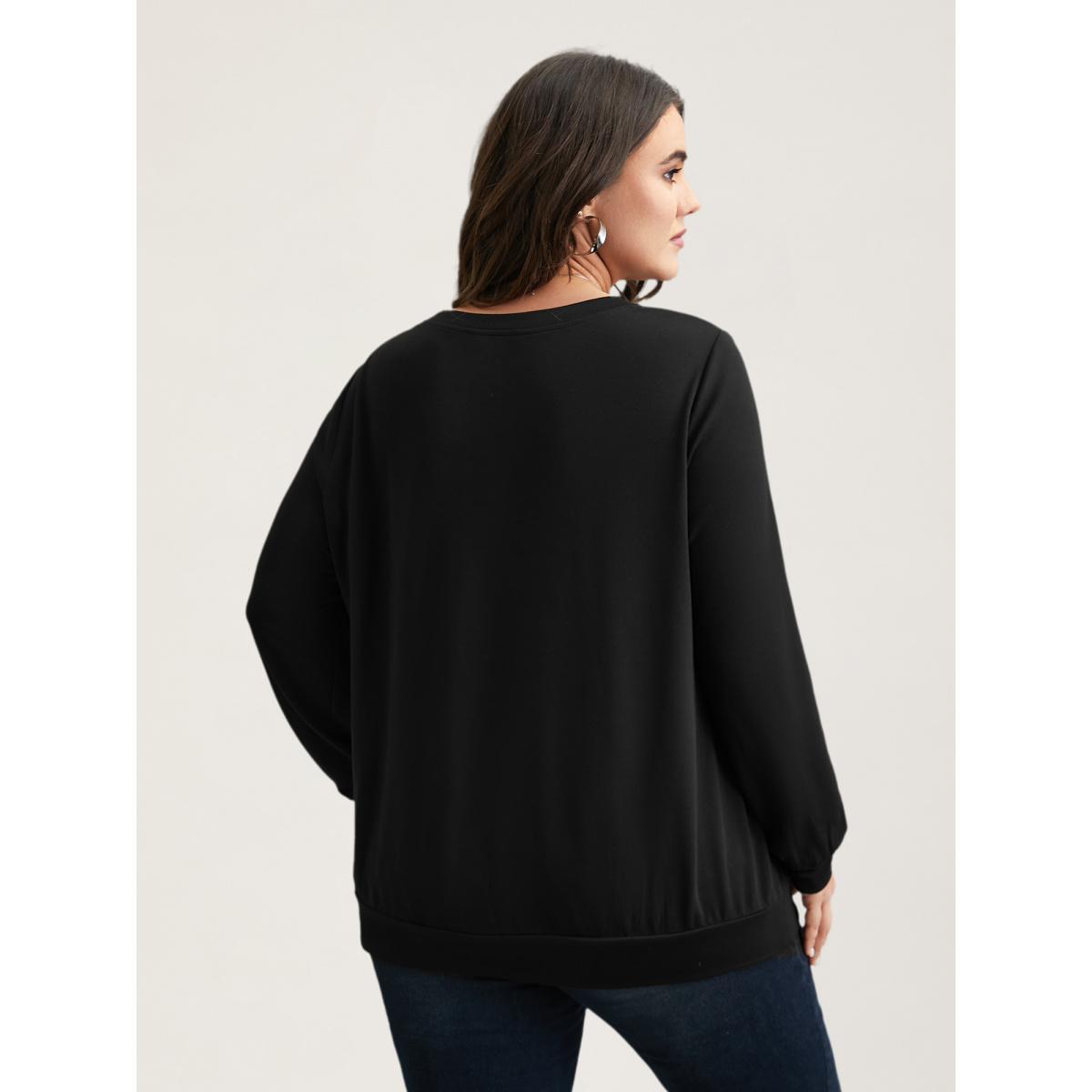 Plus Size Crew Neck Celestial Print Stretch Sweatshirt Women Black Casual Non Round Neck Everyday Sweatshirts BloomChic 22-24/3X Product Image