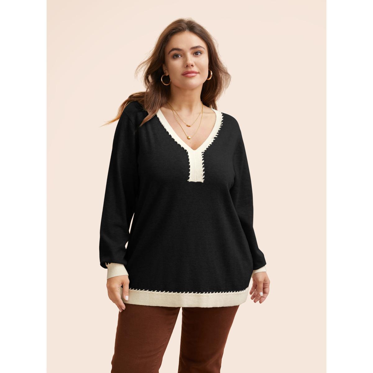 Plus Size Supersoft Essentials V Neck Contrast Crochet Pullover Black Women Casual Long Sleeve V-neck Everyday Pullovers BloomChic 12/L Product Image