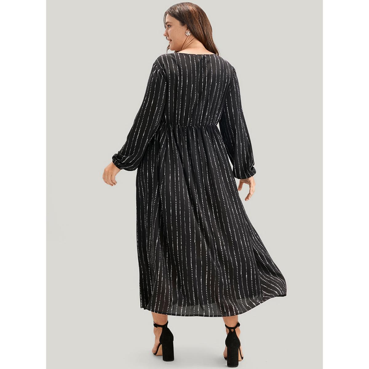 Plus Size Striped Lantern Sleeve Pocket Split Wrap Midi Dress Black Women Elegant Pocket V-neck Long Sleeve Curvy Midi Dress BloomChic 28/5X Product Image