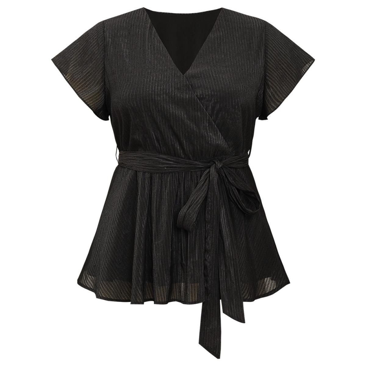 Plus Size Black Plain Plisse Surplice Neck Belted Flutter Blouse Women Elegant Short sleeve V-neck Dailywear Blouses BloomChic 14-16/1X Product Image