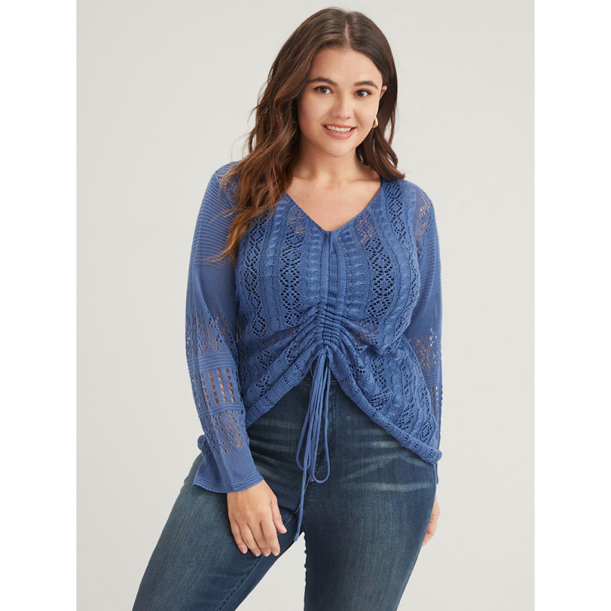 Plus Size Plain Pointelle Knit V Neck Crochet Drawstring Knit Top Blue Women Elegant Long Sleeve V-neck Dailywear Pullovers BloomChic 22-24/3X Product Image