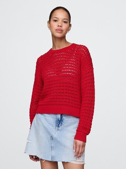 100% Cotton Crochet Crewneck Sweater Product Image