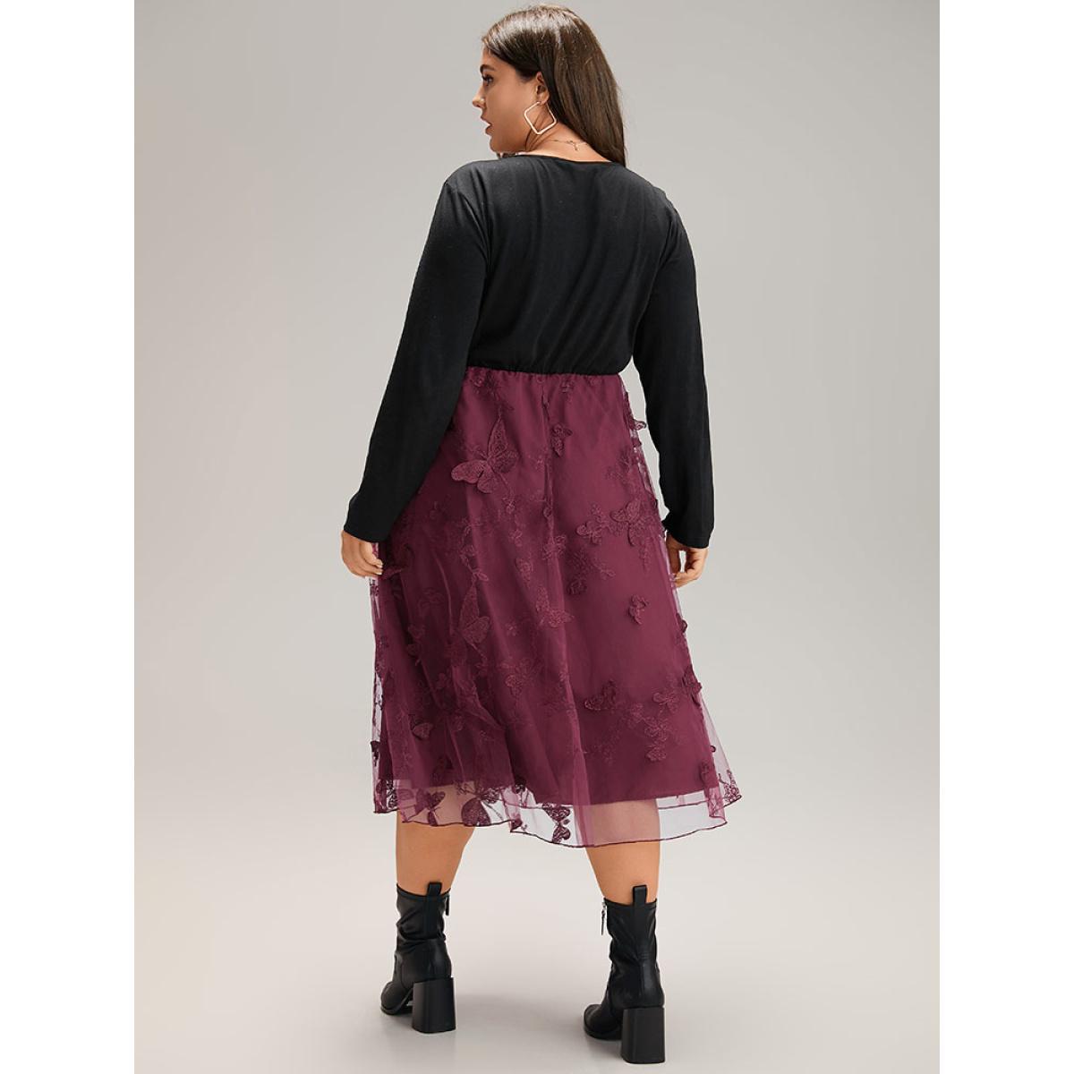 Plus Size Butterfly Graphic Patchwork Mesh Dress Burgundy Women Glamour See through V-neck Long Sleeve Curvy Midi Dress BloomChic 10/M Product Image