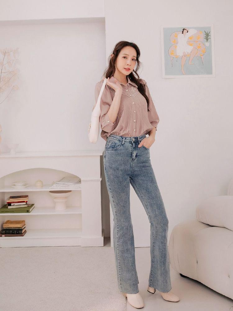 Elbow-Sleeve Plain Lace Trim Shirt Product Image