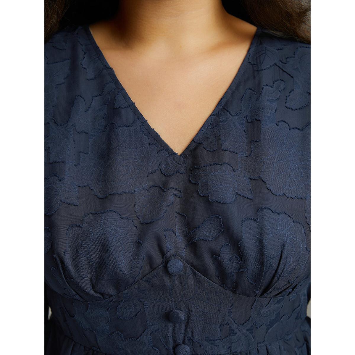 Plus Size Indigo Floral Mesh Elastic Waist Button Detail Blouse Women Glamour Long Sleeve V-neck Going out Blouses BloomChic 22-24/3X Product Image