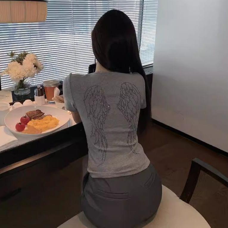 Short Sleeve Lettering & Wing Rhinestone Slim-Fit Crop Tee Product Image
