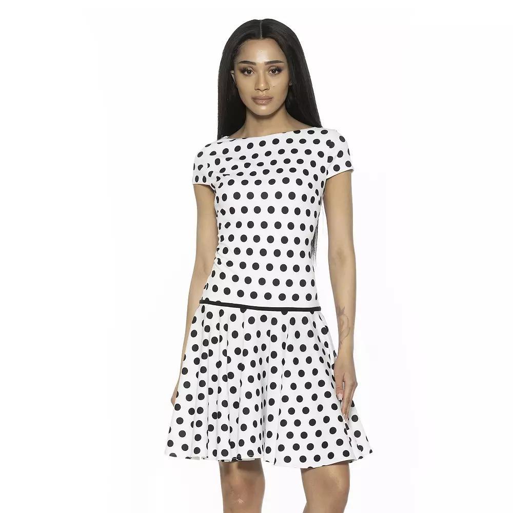 Women's ALEXIA ADMOR Aoife Boatneck Cap Sleeve Dropped Waist Dress, Size: XL, White Polka Product Image