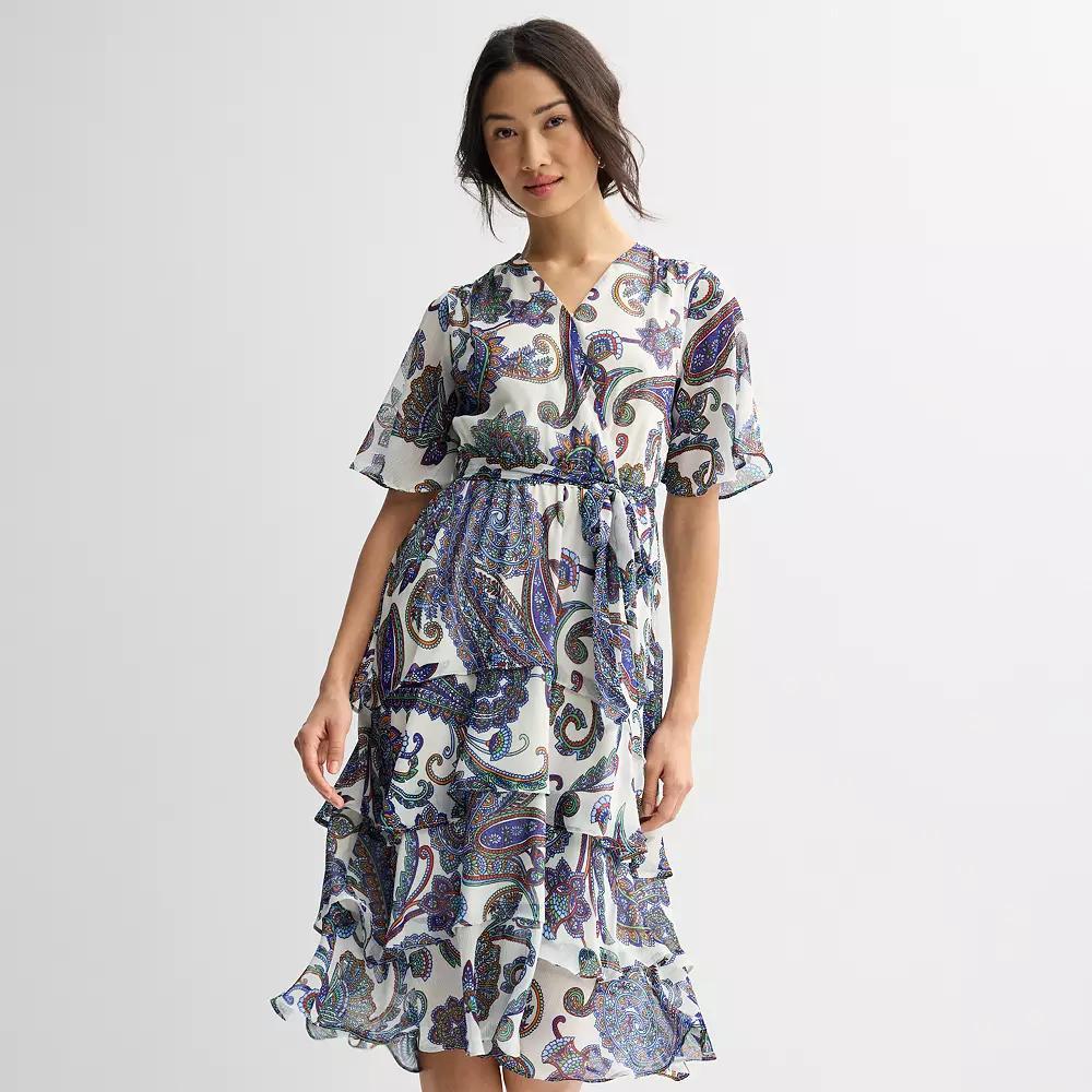 Women's Sandra Darren Surplice Flutter Tiered Midi Dress, Size: Medium, Ivory Blue Paisley Product Image