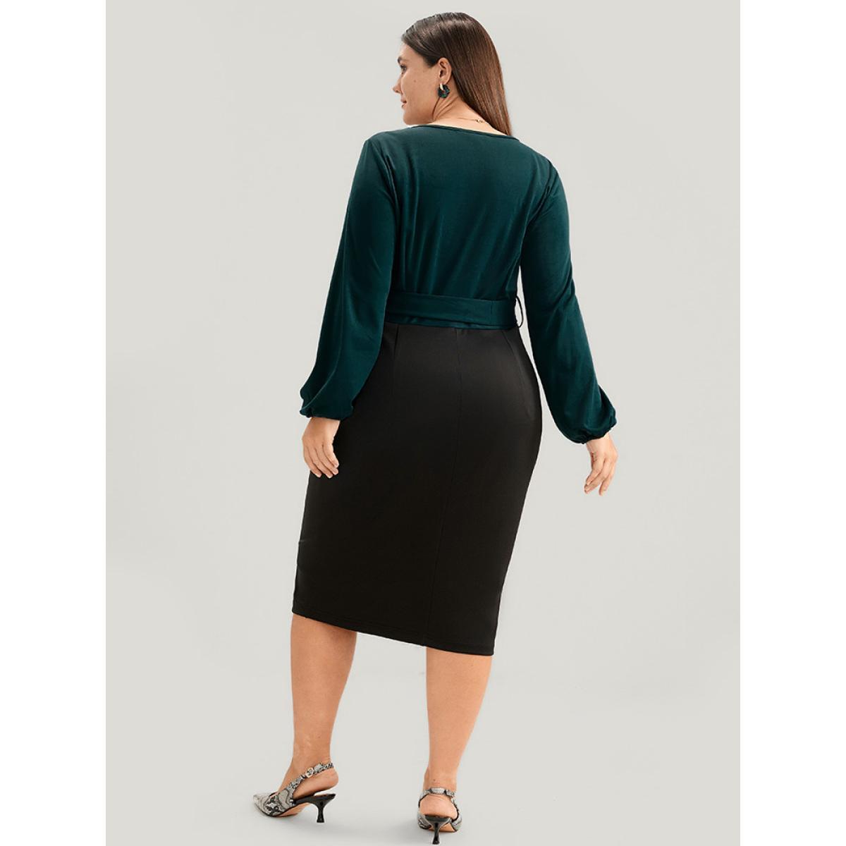 Plus Size Colorblock Contrast Wrap Lantern Sleeve Belted Bodycon Dress DarkGreen Women Glamour Contrast V-neck Long Sleeve Curvy Midi Dress BloomChic 12/L Product Image