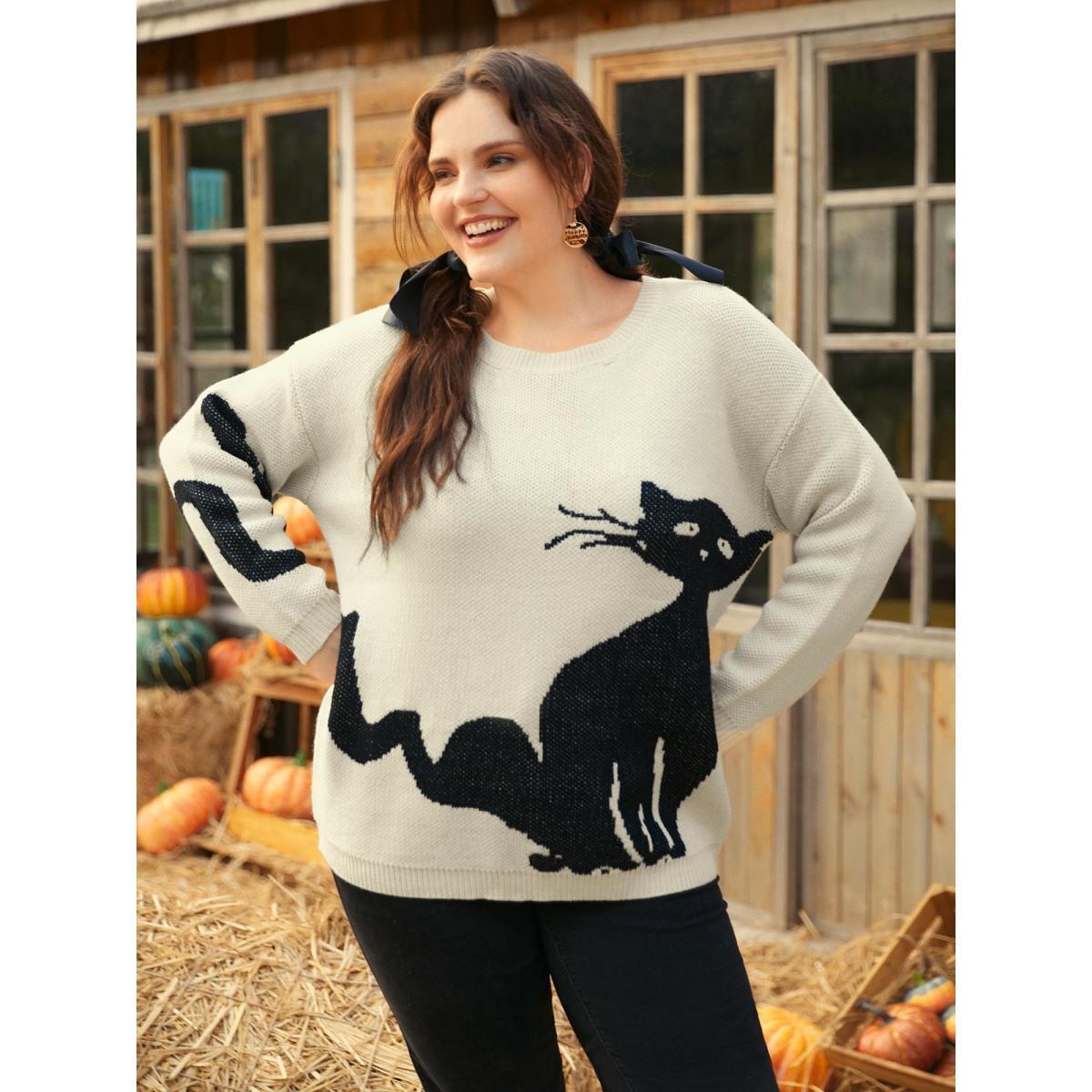 Plus Size Mystic Cat Knit Crew Neck Pullover Originalwhite Women Casual Long Sleeve Round Neck Everyday Pullovers BloomChic 12/L Product Image