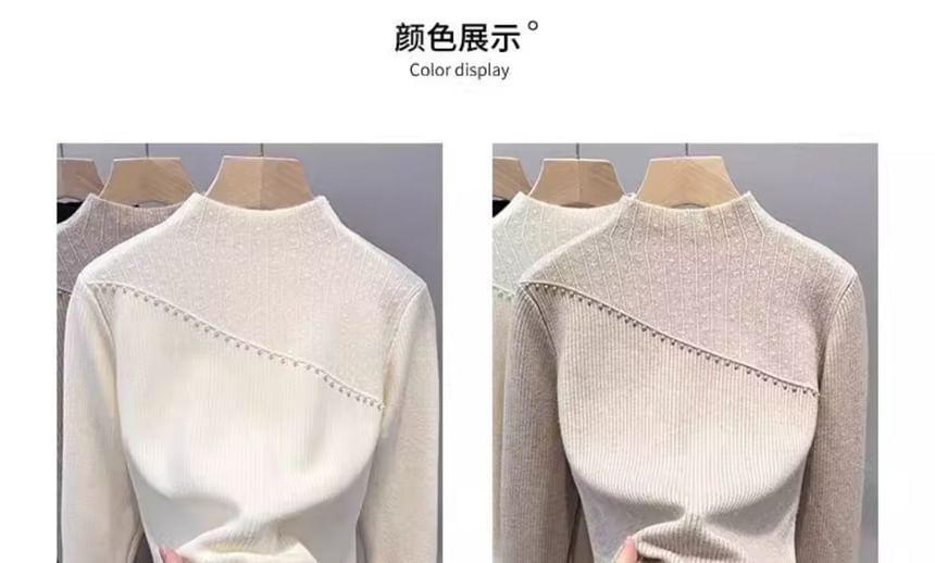 Long Sleeve Mock Neck Plain Beaded Fleece-Lined Knit Top Product Image