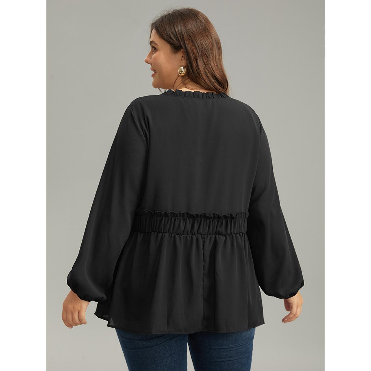 Plus Size Black Anti-Wrinkle Plain Shirred Frill Trim Gathered Tie Neck Blouse Women Casual Long Sleeve Tie Neck Everyday Blouses BloomChic 22-24/3X Product Image