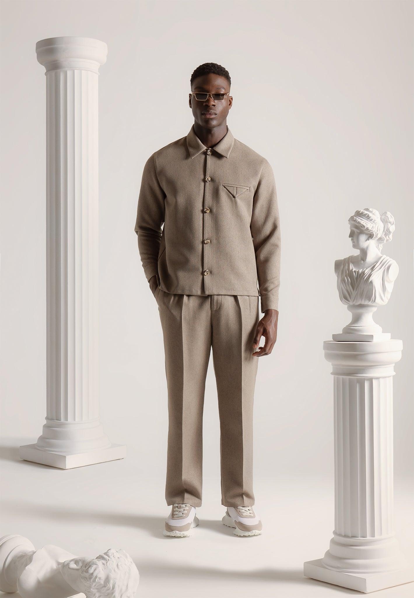 Textured Tailored Long Sleeve Overshirt - Taupe Male Product Image