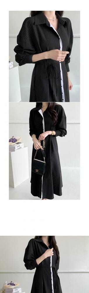 Long-Sleeve Pinstriped Contrast Trim Button-Up Midi A-Line Dress Product Image