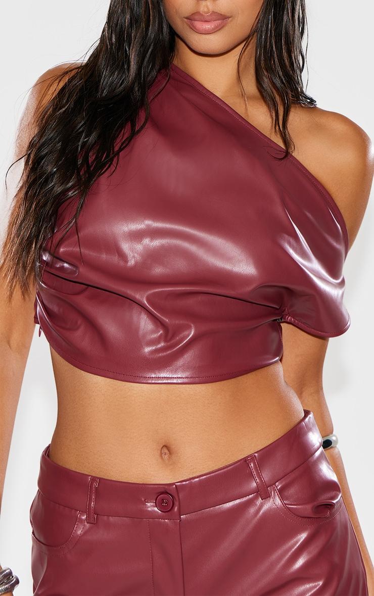Burgundy Faux Leather Ruched One Shoulder Asymmetric Crop Top Product Image