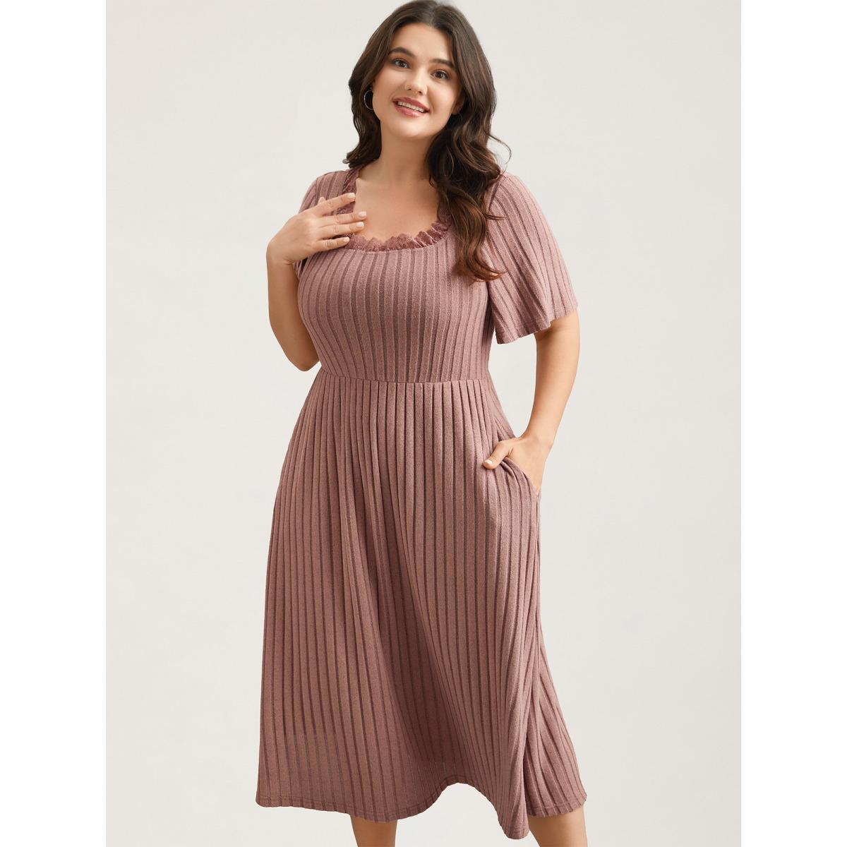 Plus Size Ribbed Ruffled Lace Edges Midi Dress Dirtypink Women Casual Woven ribbon&lace trim Knit Dresses Bloomchic 14-16/1X Product Image