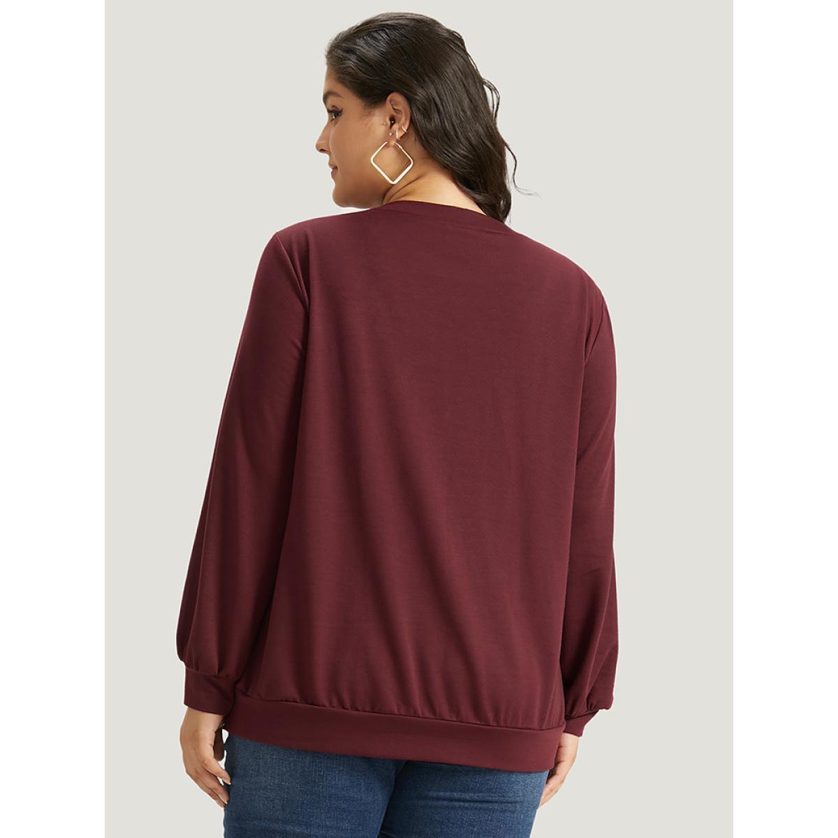 Plus Size Silhouette Floral Print Embroidered Crew Neck Sweatshirt Women Burgundy Casual Elastic cuffs Round Neck Dailywear Sweatshirts BloomChic 26/4X Product Image
